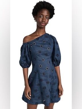 Figue Darcy Floral Eyelet Linen Dress in Navy